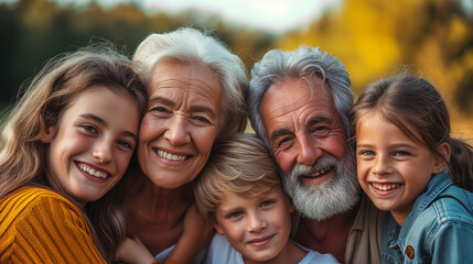 Multi generational family portrait. Grandparents with grandkids in the park. - obrazy, fototapety, plakaty