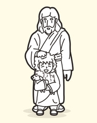 Jesus Places His Hands on His Head and Blesses the Shepherd Boy Holding a Lamb Cartoon Graphic Vector