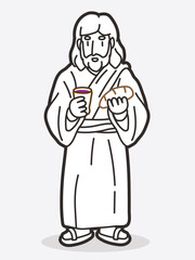 Jesus Celebrates Holy Communion with Bread and Wine Cartoon Graphic Vector