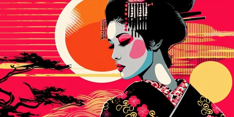 Japanese geisha female pop art illustration style. Japan woman in traditional kimono
