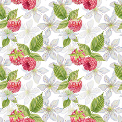 Seamless raspberry pattern. Watercolor illustration on an isolated background. Collage, mosaic, puzzle. Packaging, printing.
