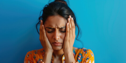 Indian woman suffer from stress or a headache grimacing in pain. Young woman holding hands near head while suffering from painful headache migraine on studio blue background. Copy paste - obrazy, fototapety, plakaty