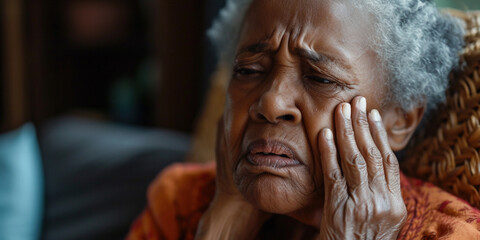 Old woman suffers acute toothache, periodontal disease, cavities or jaw pain almost crying with pain ache. Senior African-American old lady pressing sore cheek