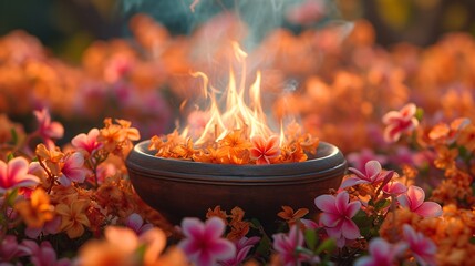 Pink Flower Petals and Orange Fire: A Fiery Flower Arrangement for a September Night Generative AI