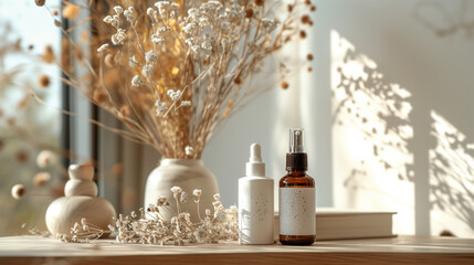 Health spa details with refreshing spray bottles of essential oil infused room sprays.