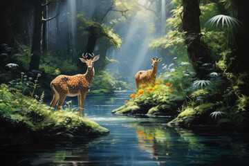 tropical stream and deer