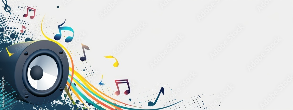 Poster a minimalist flat 2d vector style speaker on the left side of a widescreen canvas, with a few simple