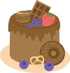 Birthday event tasty chocolate cakes.  Sweet birthday cakes. Tasty birthday food, dessert, and cake.vector illustration. 
