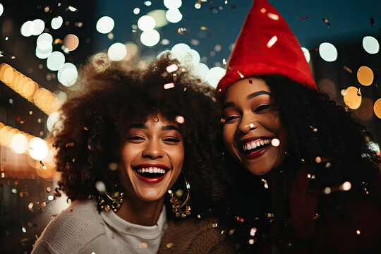 two friends wearing santa hats and blowing confetti balloons, candid celebrity shots, uhd image, afro-colombian themes, photobash, bokeh, xmaspunk