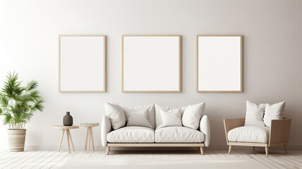 Fototapeta na wymiar Scandinavian-style Living Room Interior with Sofa and Blank Art Frames on the Wall