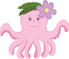 Cartoon pink octopus, sea life, vector illustration for children.