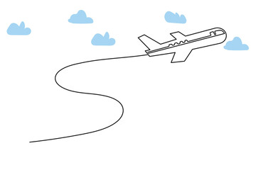 Continuous single-line airplane path on the clouds. And one-line world travel flight airline outline icon art