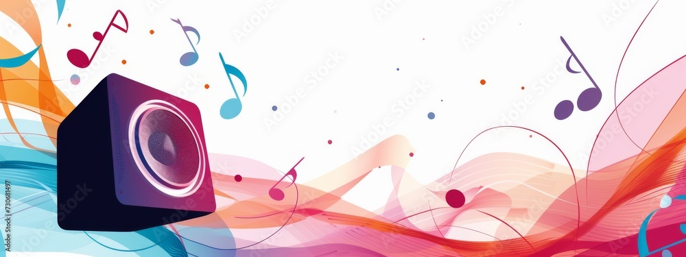 Poster a minimalist flat 2d vector style speaker on the left side of a widescreen canvas, with a few simple