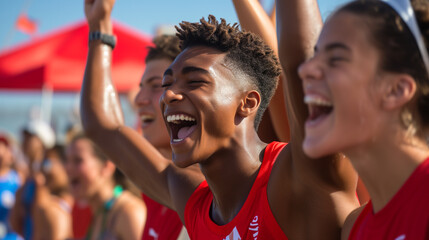 Team mates cheering for the winning team on the field during a high school game.