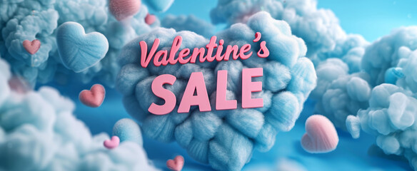 "Valentine's SALE" text amidst fluffy clouds and floating hearts in a dreamy blue sky, ideal for romantic advertising campaigns