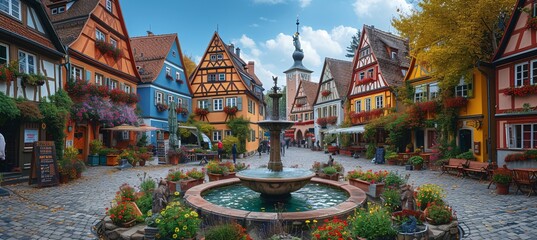 Flower-filled Fountain in the Heart of a Colorful Village Generative AI