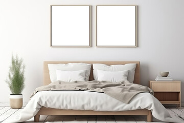 Fototapeta na wymiar Nordic Bedroom Interior featuring Bed and Blank Frame Mockups
