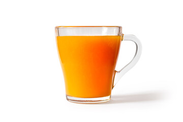 Cup of natural fruit juice on white background. Glass cup with orange juice. With a shadow.