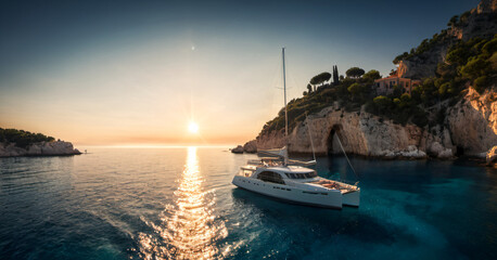 Boat Sailing in Ocean Near Cliff