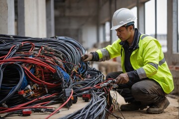 Technician worker wiring LAN at construction site Data center network system installation work.