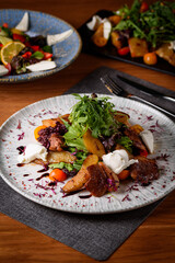 duck fillet with pears, herbs and vegetables