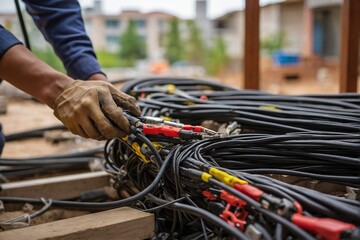 Technician worker wiring LAN at construction site Data center network system installation work.