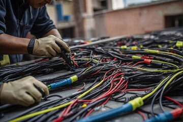 Technician worker wiring LAN at construction site Data center network system installation work.