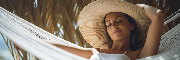 Vacation Relaxation: Woman Enjoying Sunshine in Hammock with Closed Eyes. With her eyes closed, she savors the tranquility of the moment. Panoramic header. Copy space. - obrazy, fototapety, plakaty