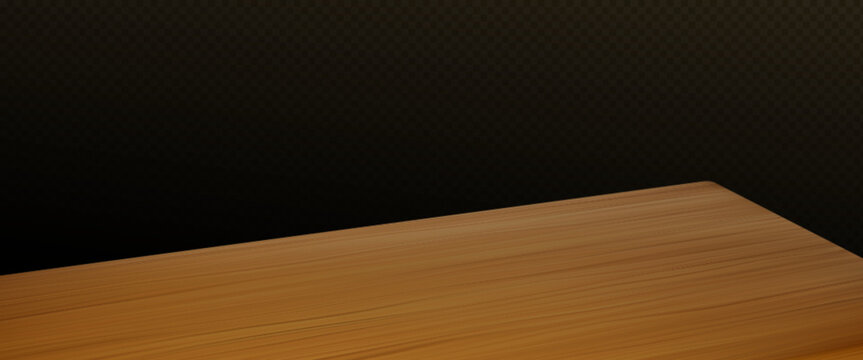 Wooden table with empty countertop on transparent background. Realistic 3d vector illustration of angle perspective view on desk with wood texture surface. Kitchen or office furniture mockup.
