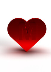 Letter m on a red metal heart for Valentine's Day or love engagement. Idea for a birthday card. 3d rendering