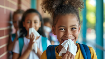 Hygiene Practices at School. Kids sneezing into white tissue outside the classroom. - obrazy, fototapety, plakaty