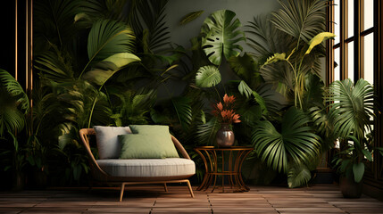 Atmospheric living room full of tropical plants and armchair. Zen room.