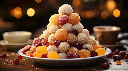 Stack of traditional Indian laddoos arranged in a plate on a table. Festive atmosphere with bright colors.