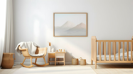 Obraz premium Baby room in minimal style with bed and armchair. Mockup frame hanging on wall. Copy space.