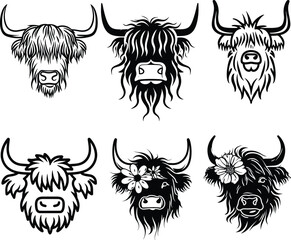 floral highland cow silhouette, flower cow set vector illustration 
