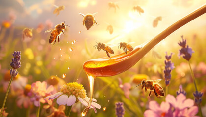 Holzlöffel und Bienen umschmeicheln die Sinne - obrazy, fototapety, plakaty