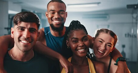 Gym group, face and friends happy for fitness club, bodybuilding or exercise for sports commitment. Happiness, portrait and team of athlete ready for community training, diversity or workout routine