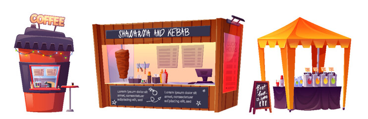 Street food stalls set isolated on white background. Vector cartoon illustration of coffee shop, kebab booth, awning selling drinks, menu board and garland lights, city trade fair design elements