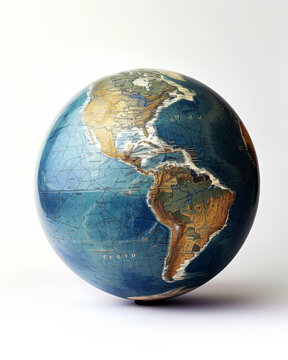 Globus auf weißem Hintergrund mit Fokus auf Kontinenten und Ozeanen