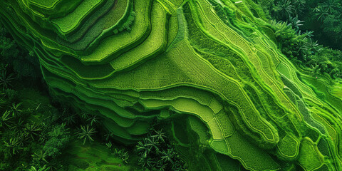 Aerial view of oriental Rice fields, surreal rice cultivation landscape - obrazy, fototapety, plakaty