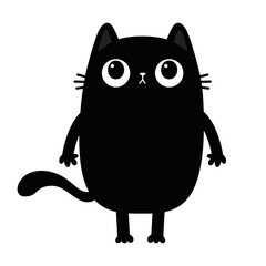 Black oval cat standing. Kawaii animal. Funny head face icon. Kitten with big eyes. Cute cartoon funny baby character. Sticker print. Pet collection. Flat design. White background.