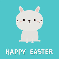 Happy Easter. Bunny rabbit sitting. Round face icon. Cute cartoon kawaii pet funny baby animal character. Sticker print. Love greeting card. Happy Valentines day. Flat design. Blue background.