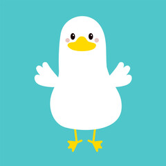 Goose Duck standing icon. Farm animal. Funny face head. White bird. Yellow beak. Cute cartoon kawaii funny baby character. Flat design. Childish poster print. Greeting card. Blue background.