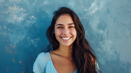 Sunny Disposition: Radiant Smile Against a Textured Blue Backdrop casual blue top, carefree expression, textured blue wall, natural beauty, sunny day, relaxed vibe