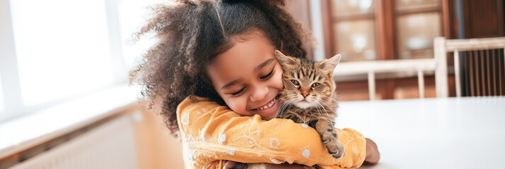 little girl with joyful expression hugging her tabby cat in bright, airy home, tender moment of child ans domestic pets friendship, lovely owner. - obrazy, fototapety, plakaty