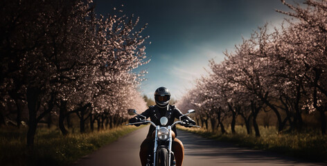 motorcyclist in a helmet on a motorcycle in the spring against a background of flowering trees, the...