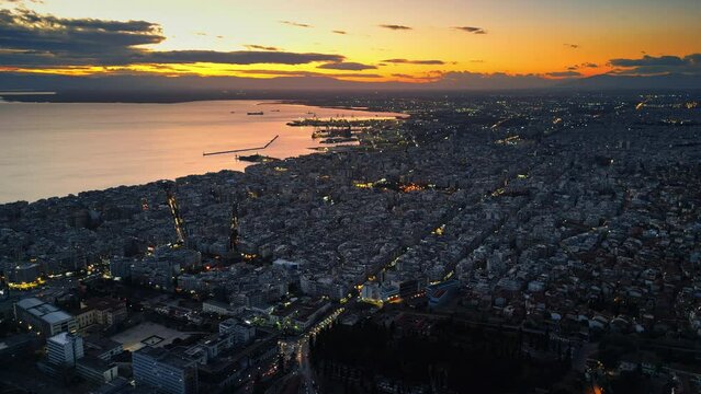 Aerial drone view of Thessaloniki coastline at the sunset. The Aegean Sea in Central Macedonia in Greece