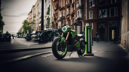 charging a motorcycle at a charging station in the city. - obrazy, fototapety, plakaty