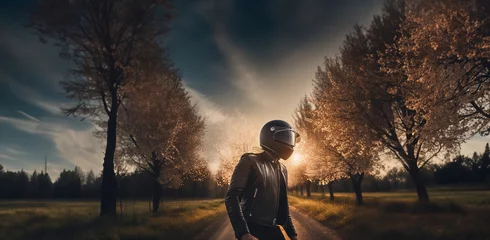 Photo sur Plexiglas Moto motorcyclist in a helmet on a motorcycle in the spring against a background of flowering trees, the concept of the opening of the motorcycle season.