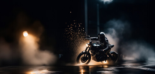 motorcyclist rides a motorcycle on a wet street at night, motorcyclist safety concept